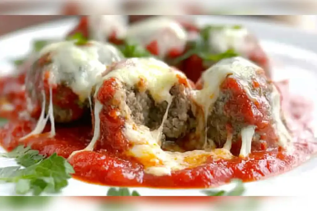 Close-up of mozzarella-stuffed ricotta balls topped with melted cheese and served with marinara sauce. The crispy outer layer contrasts with the gooey mozzarella center, creating a delicious Italian-inspired dish ideal for appetizers.