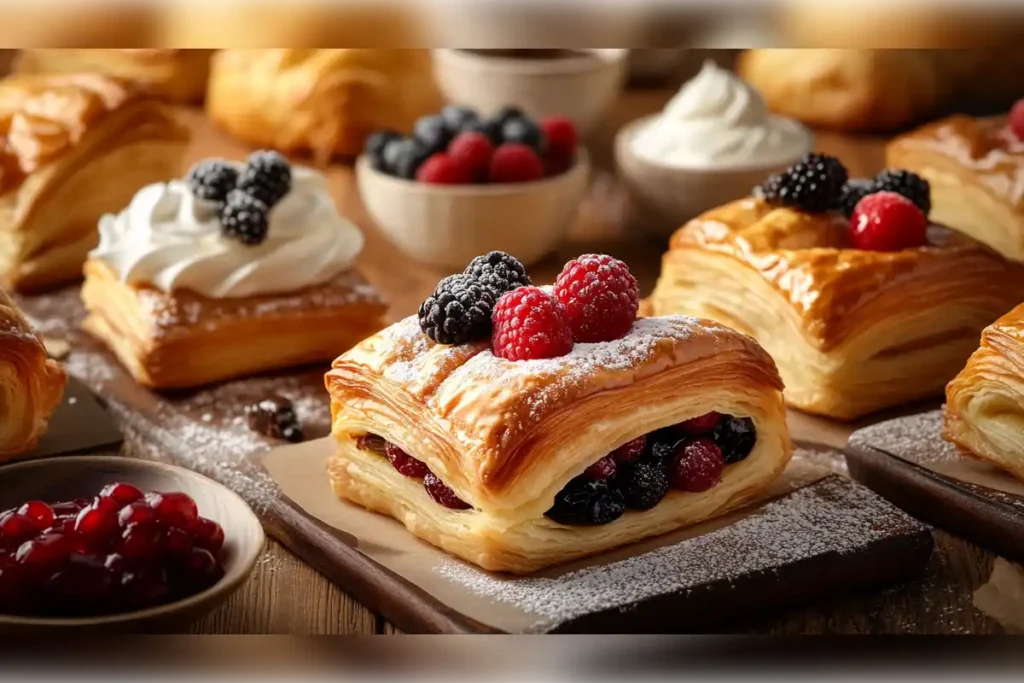 Puff pastry dessert with flaky golden layers, filled with fresh berries and dusted with powdered sugar, served alongside bowls of whipped cream and fruit.