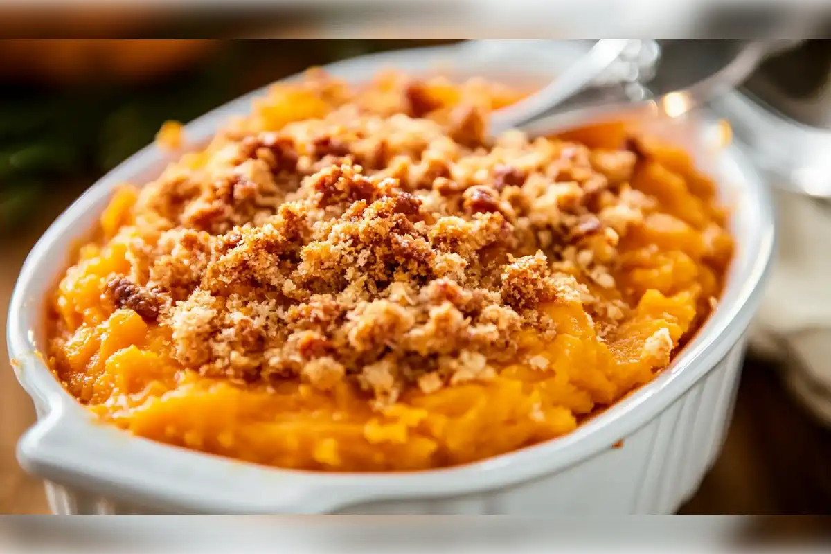 Delicious Ruth Chris sweet potato casserole with a crunchy pecan topping served in a white casserole dish, perfect for holiday dinners like Thanksgiving or Christmas.