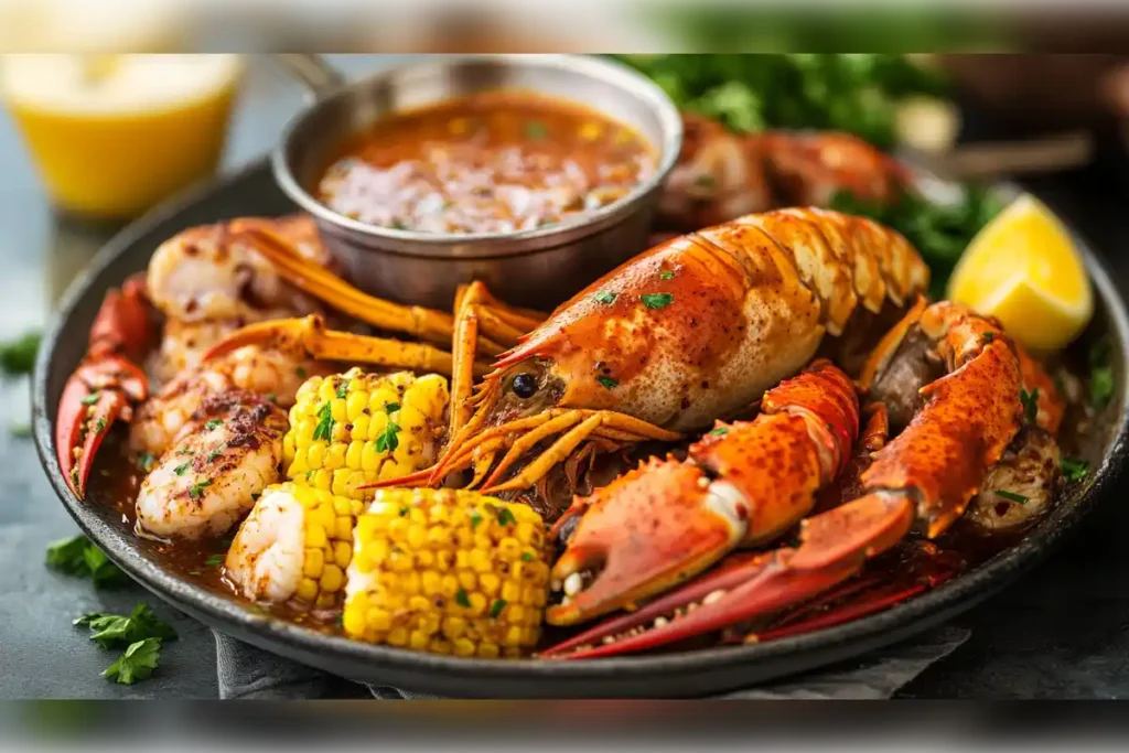 Seafood boil platter with lobster, shrimp, corn, and a flavorful seafood boil sauce served on the side.