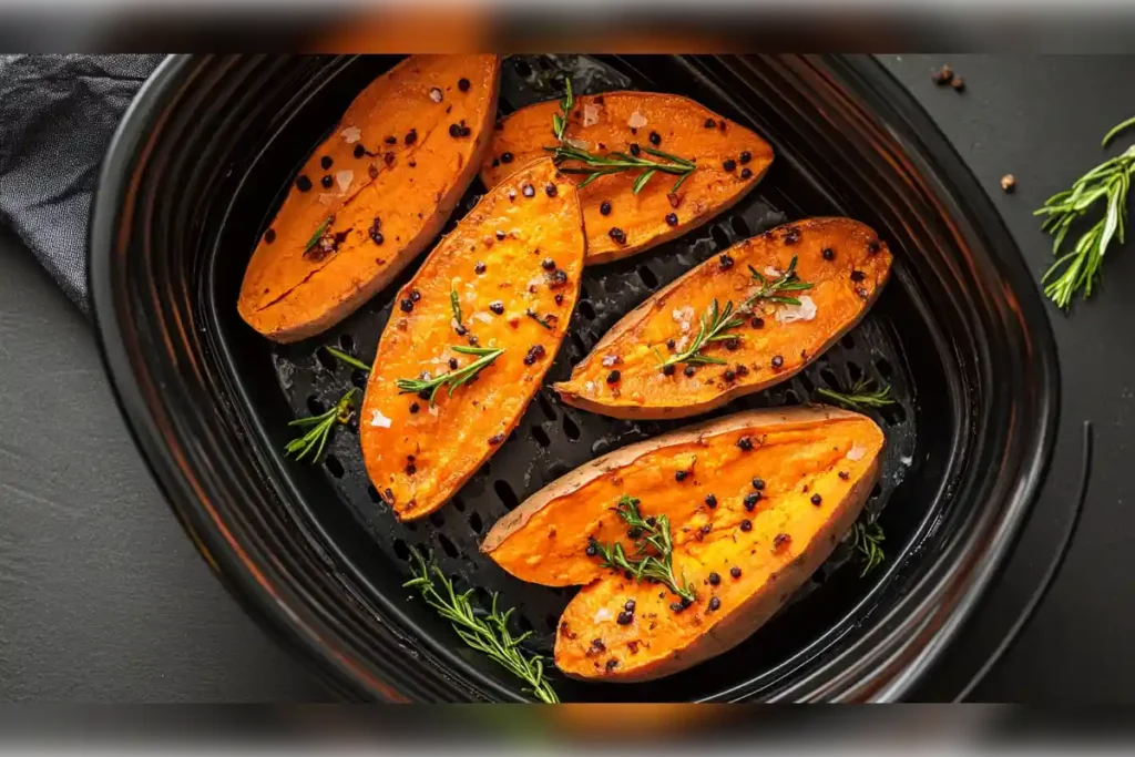 Perfectly baked sweet potatoes seasoned with herbs and black pepper in a baking dish, showcasing a vibrant, crispy texture with garnished rosemary for flavor.