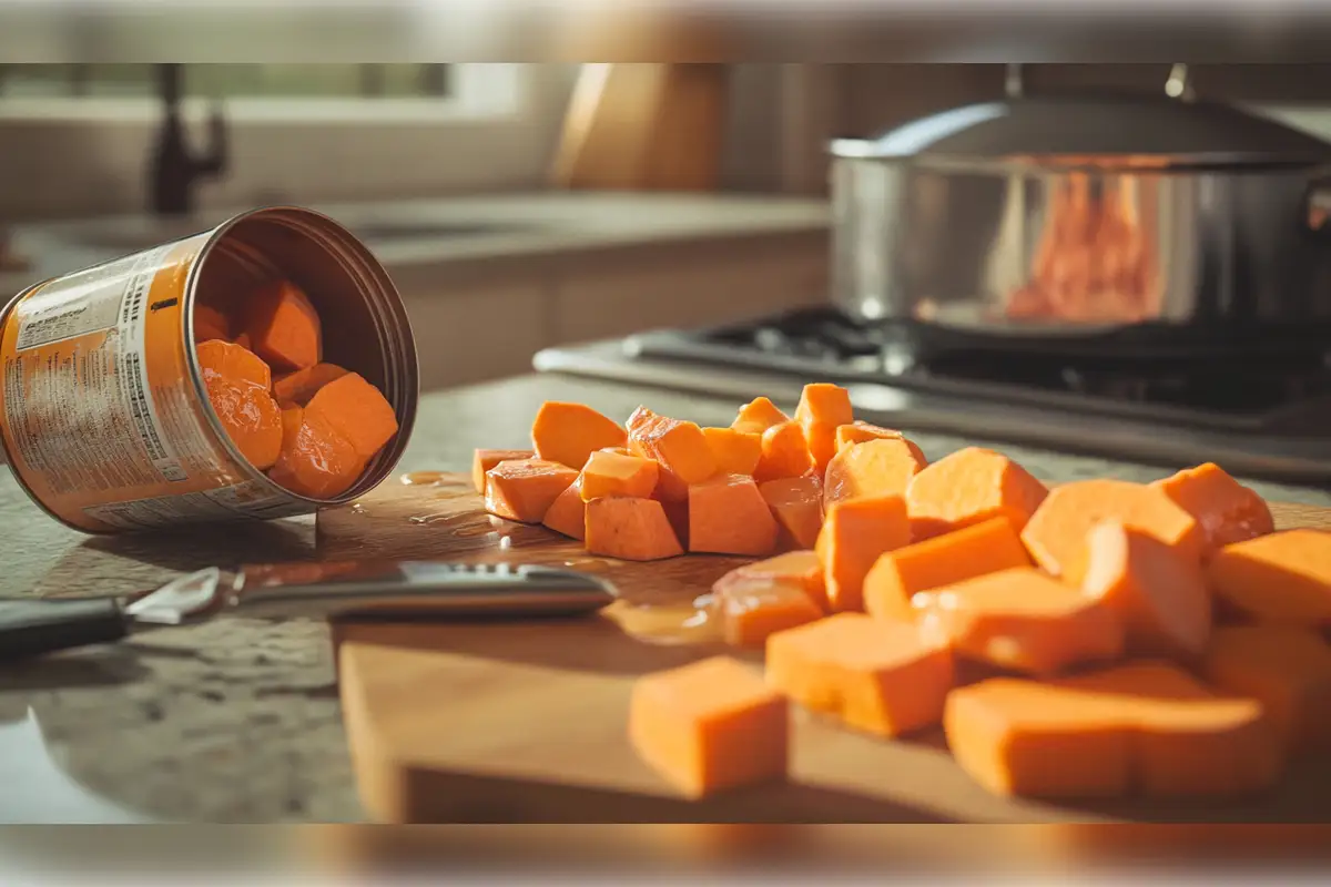 Open can of sliced yams spilling onto a cutting board next to a knife, ready for cooking in a kitchen setting with a stove in the background.