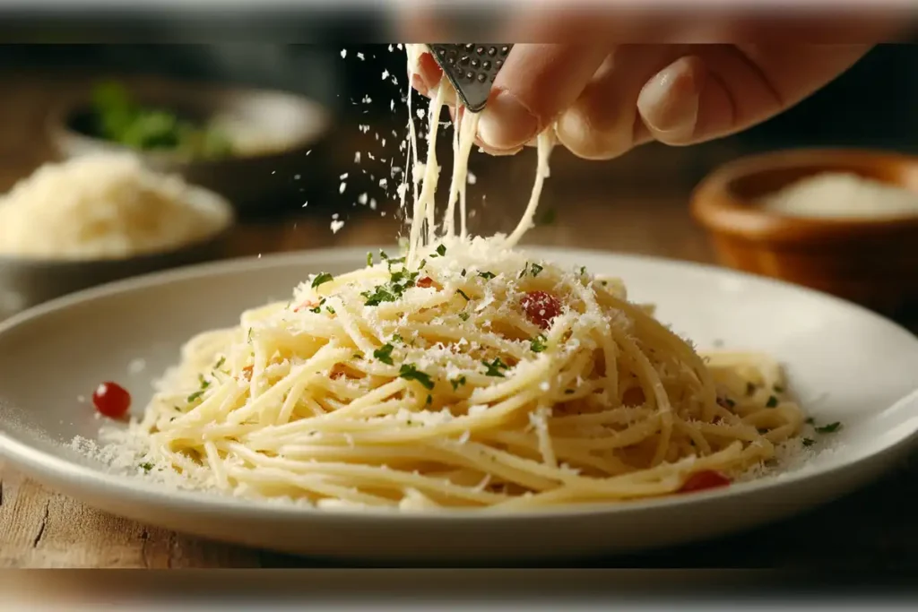 Grated Parmesan cheese being sprinkled over a plate of spaghetti pasta, garnished with fresh parsley, highlighting the finishing touch of Parmesan on pasta for enhanced flavor.