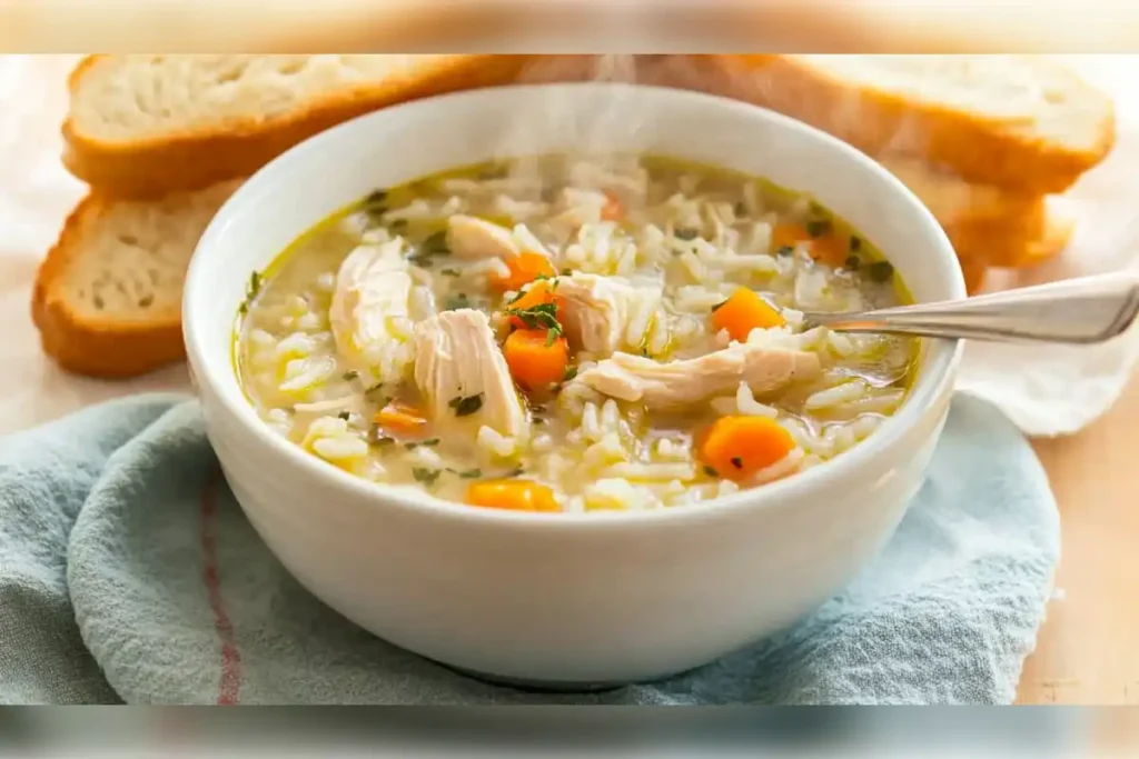 A steaming bowl of chicken and rice soup with vegetables, served with slices of bread. Perfect for showcasing the comfort and heartiness of rice in soup.