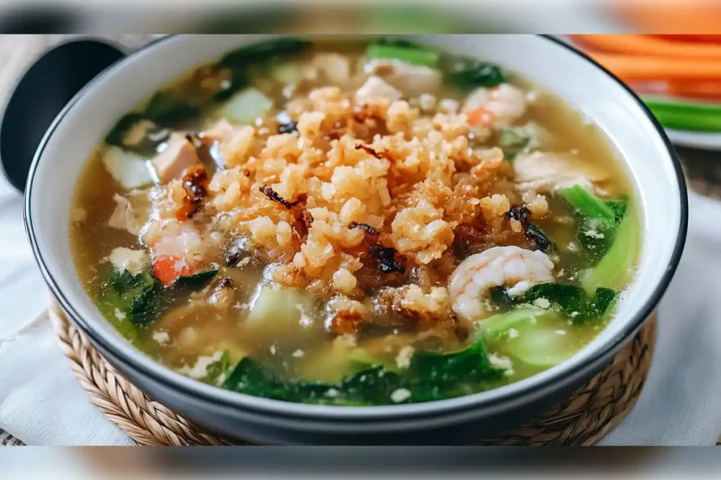 Bowl of sizzling rice soup with crispy golden rice, shrimp, and vegetables in a savory broth. A delicious Chinese soup featuring crispy rice and fresh ingredients