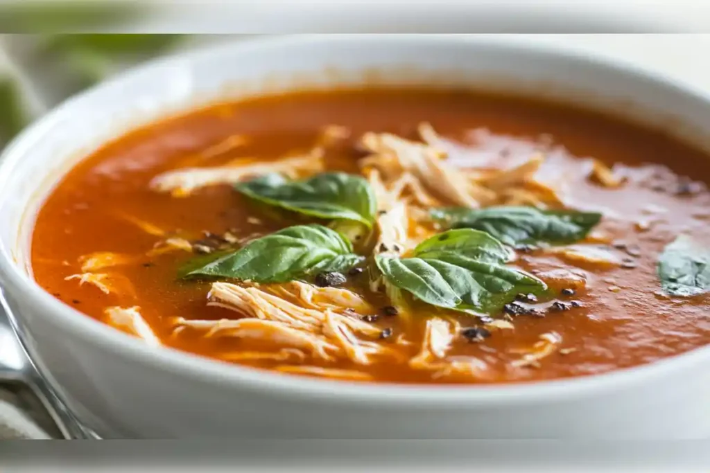 A bowl of smoky chicken tomato bisque garnished with fresh basil leaves, featuring a rich red tomato base with shredded chicken, perfect for a comforting meal.