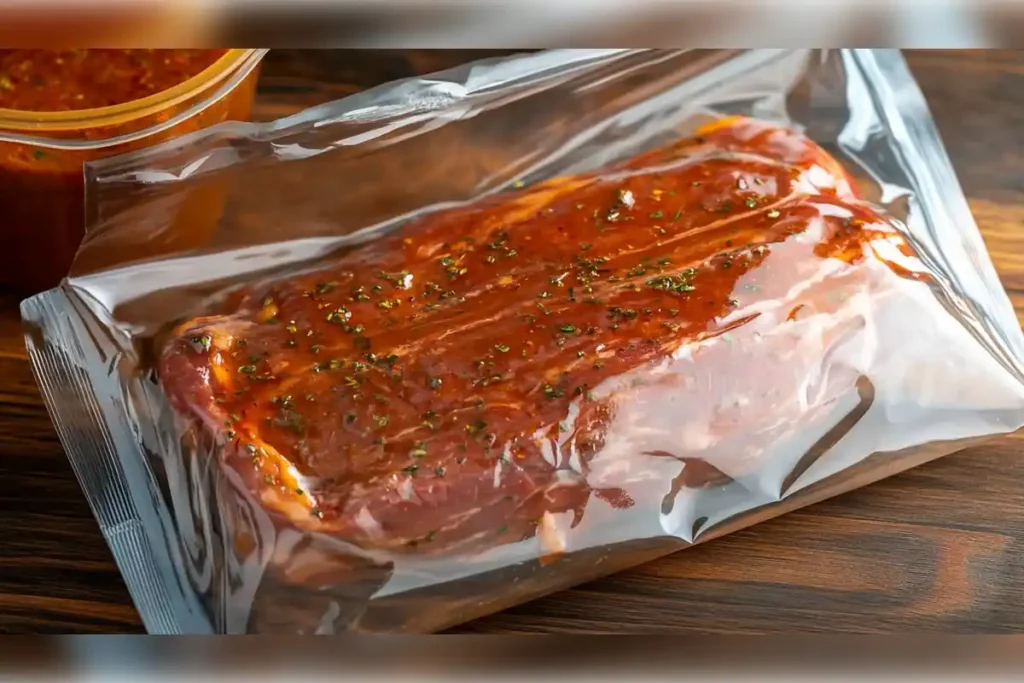 Marinated steak sealed in a zip-top bag, ready for grilling in the Chipotle steak recipe preparation process.