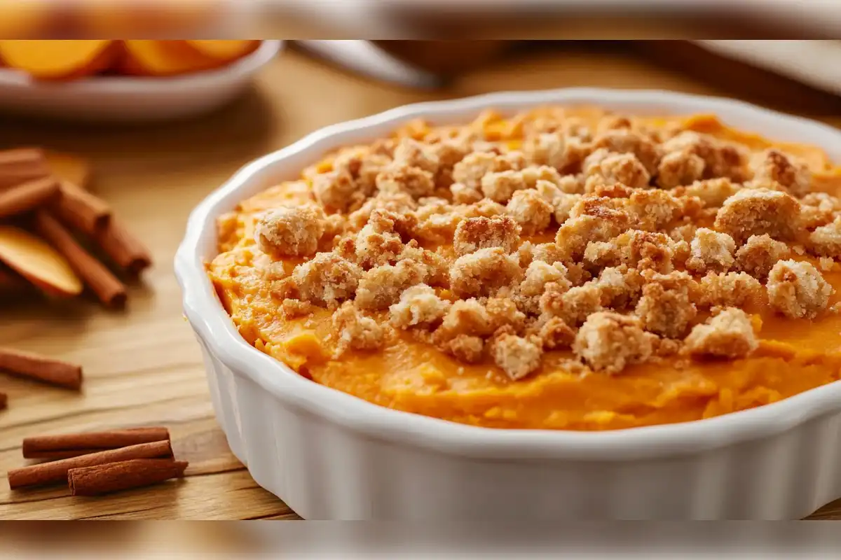 Sweet potato casserole with a crunchy streusel topping in a white dish, perfect for holiday meals like Thanksgiving or Christmas. A simple and delicious recipe using canned yams.