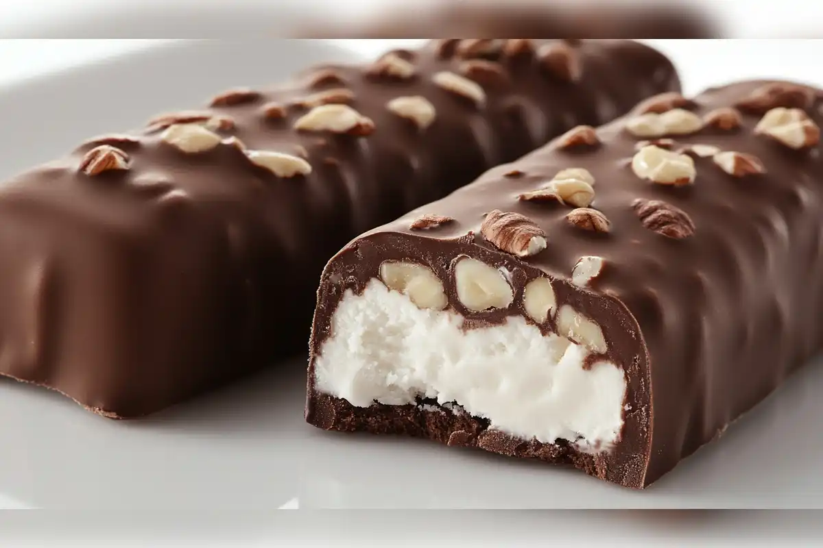 Close-up of a homemade Eskimo Pie popsicle bar, featuring a creamy vanilla ice cream center coated in rich chocolate with sprinkled nuts on top, displayed on a white plate.