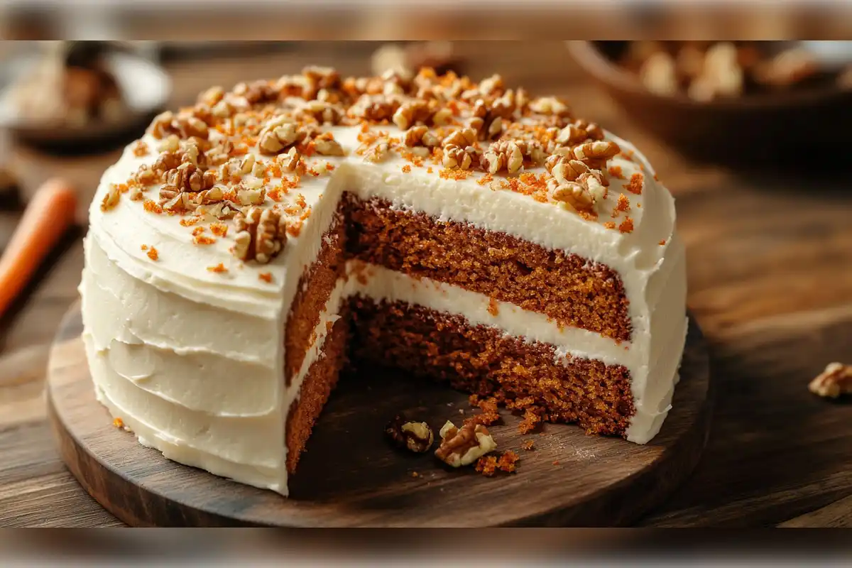 A moist, two-layer carrot cake topped with creamy cream cheese frosting and garnished with chopped walnuts, displayed on a wooden cake stand. One slice is cut out, showing the rich, moist layers of the cake.