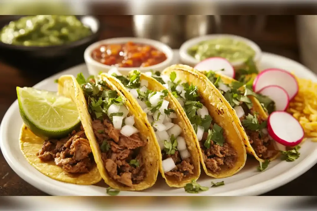 Traditional Mexican tacos served with lime, cilantro, onion, radishes, and salsas on a plate, showcasing common accompaniments for an authentic taco meal.