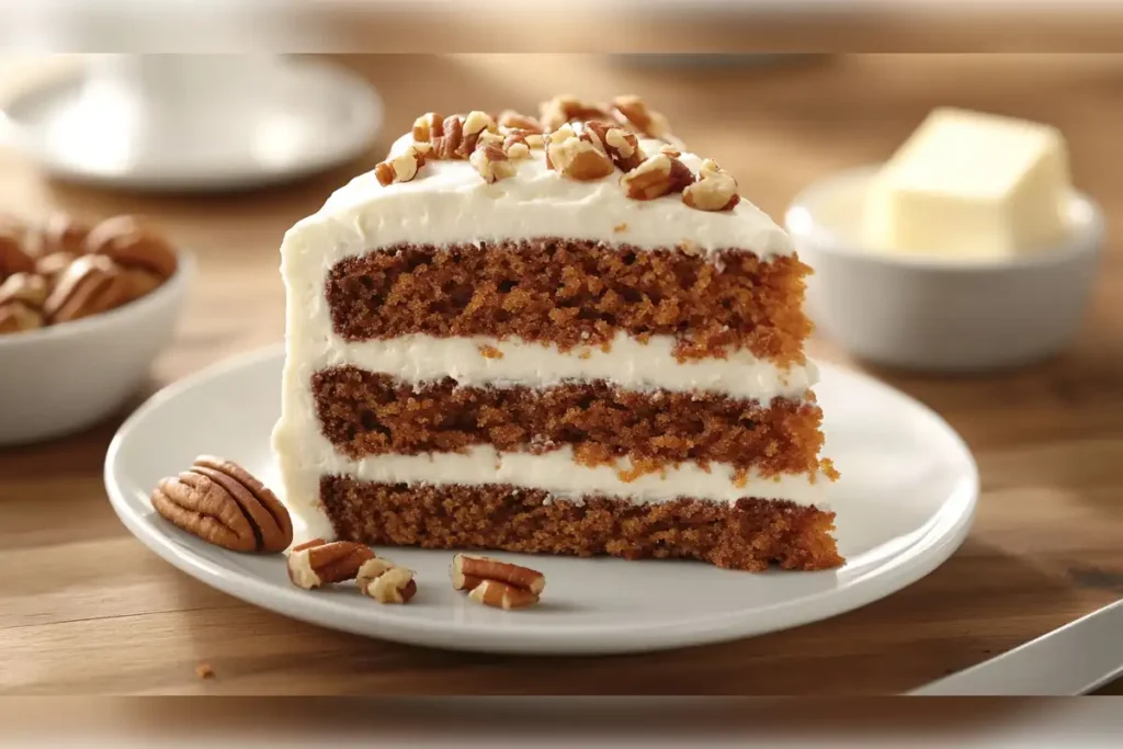 Three-layer carrot cake slice with cream cheese frosting, topped with chopped pecans, served on a white plate with whole pecans on the side, showcasing a moist, spiced carrot cake texture perfect for dessert.