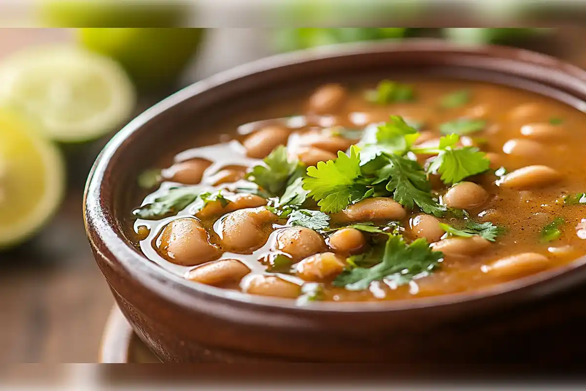 A bowl of seasoned pinto beans garnished with fresh cilantro, similar to the pinto beans served at Chipotle, with lime slices in the background.