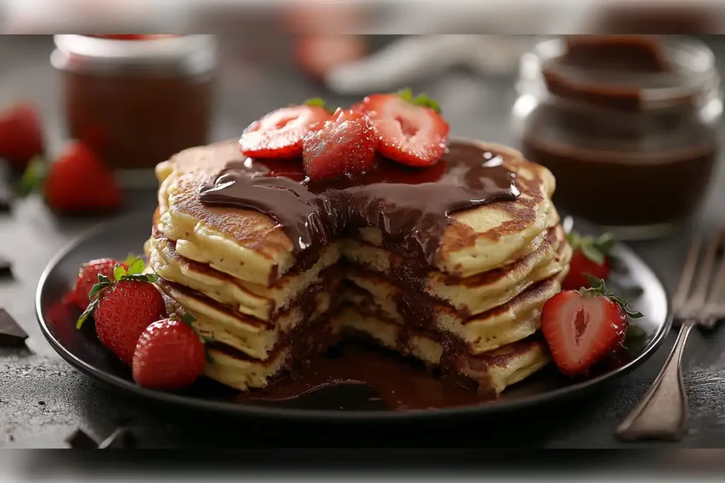 Stack of pancakes with chocolate filling, topped with fresh strawberries and drizzled with melted chocolate, served on a dark plate with whole strawberries on the side.