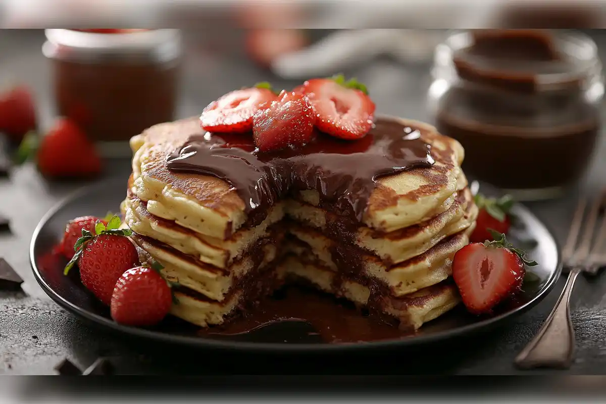 Stack of pancakes with chocolate filling, topped with fresh strawberries and drizzled with melted chocolate, served on a dark plate with whole strawberries on the side.