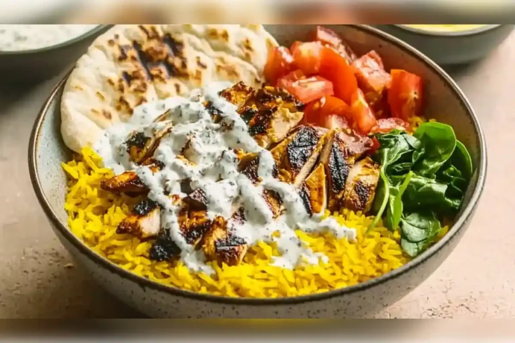 A delicious bowl of chicken over yellow rice with white sauce, served with fresh tomatoes, spinach, and pita bread – a popular Middle Eastern street food dish.