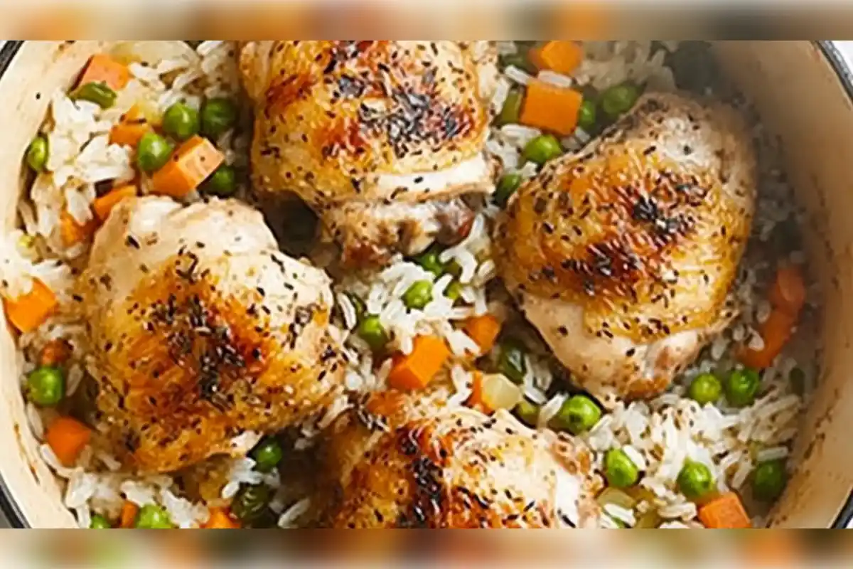 Grilled chicken thighs served over seasoned rice with peas and carrots, a classic chicken over rice dish