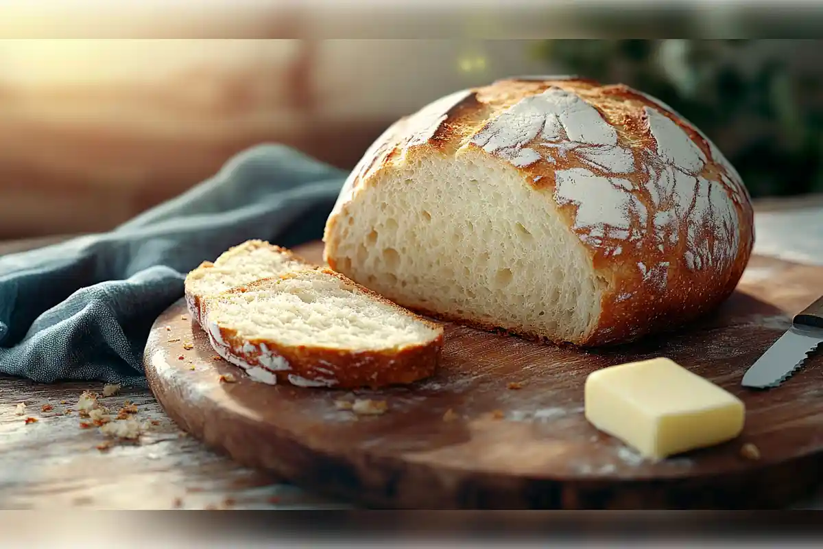 Sliced loaf of freshly baked cottage bread on a wooden board with butter, showcasing its soft texture and golden crust. Perfect for sandwiches or toasts.