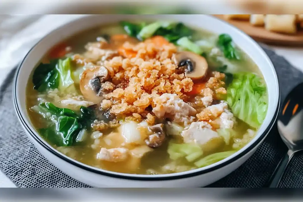 Bowl of sizzling rice soup with crispy rice, mushrooms, leafy greens, and a rich broth