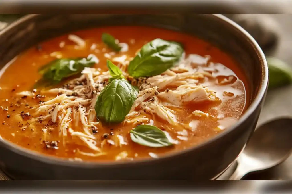 Bowl of creamy tomato bisque topped with shredded chicken and fresh basil leaves, garnished with cracked black pepper, highlighting a rich and hearty homemade soup.