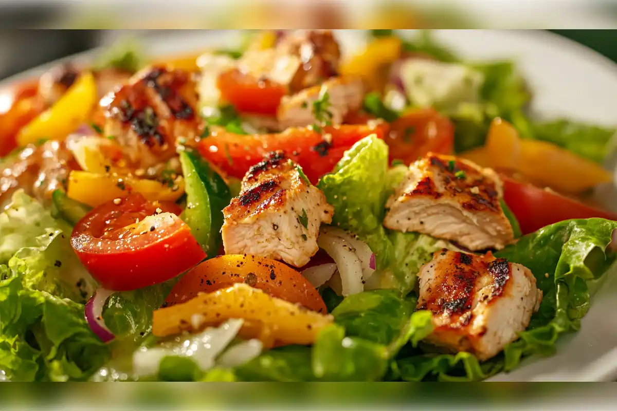 Fresh Chipotle salad with grilled chicken, vibrant Romaine lettuce, tomatoes, and bell peppers, showcasing crisp greens and flavorful toppings in a healthy, nutritious meal.