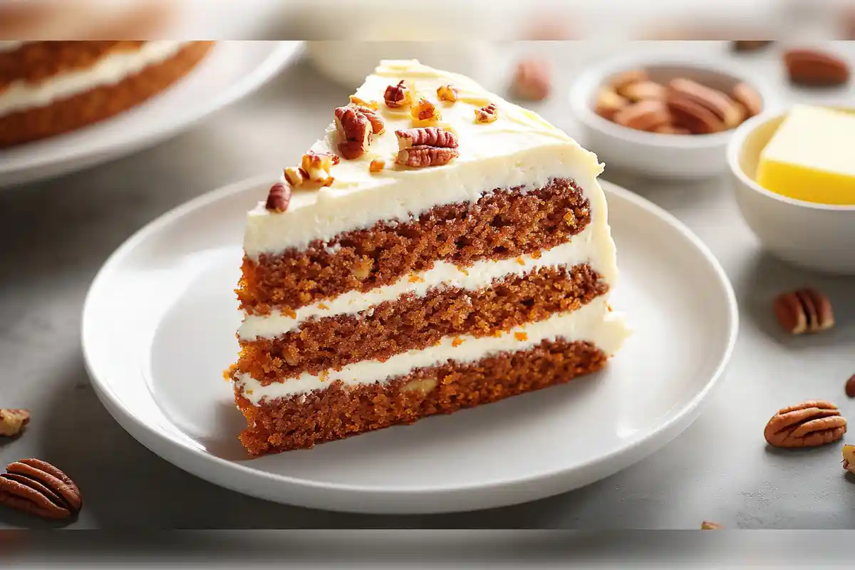 A moist, homemade carrot cake slice with creamy frosting and pecan topping on a white plate, surrounded by pecans and butter, showcasing rich texture and layers.