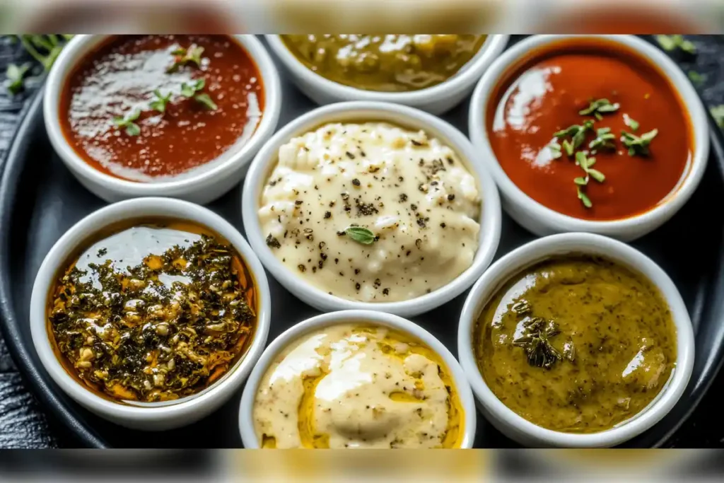 Variety of sauces in small bowls, including tomato-based, creamy garlic, and herb sauces, perfect for pairing with chicken and rice dishes.