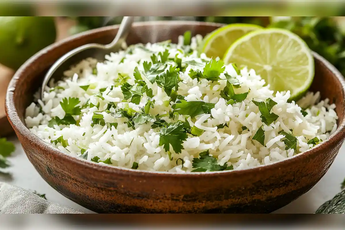 Chipotle-style cilantro lime white rice in a brown bowl garnished with fresh cilantro and lime slices, served with a spoon for a zesty and refreshing flavor.