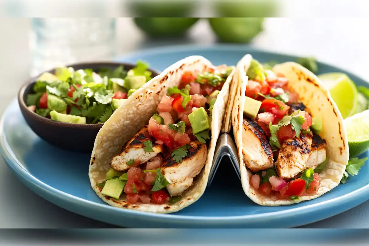 Grilled chicken tacos served with fresh salsa, avocado, and a side of green salad on a blue plate.