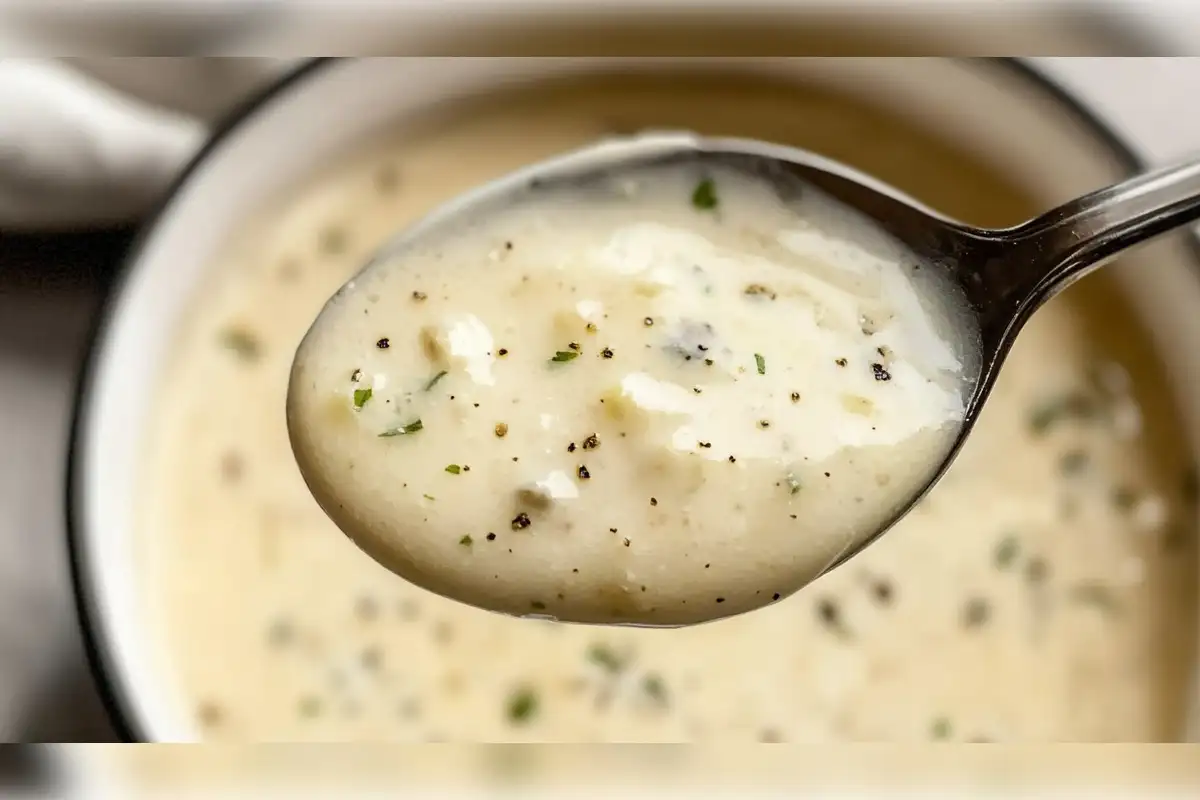 Close-up of creamy Parmesan garlic sauce with black pepper and herbs on a spoon, showcasing its rich, velvety texture perfect for pasta, pizza, and chicken dishes.