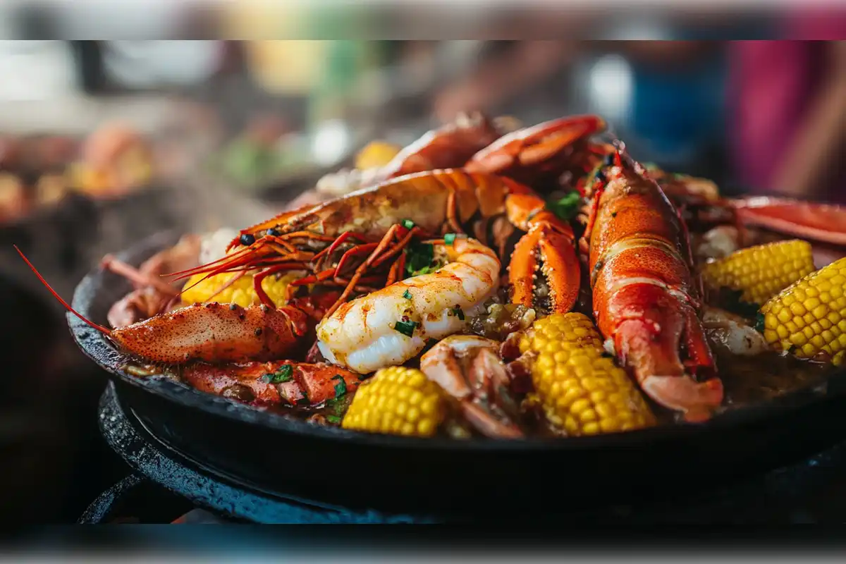 Delicious seafood boil featuring lobster, shrimp, and corn served with a rich, flavorful seafood boil sauce made of butter, garlic, and spices."