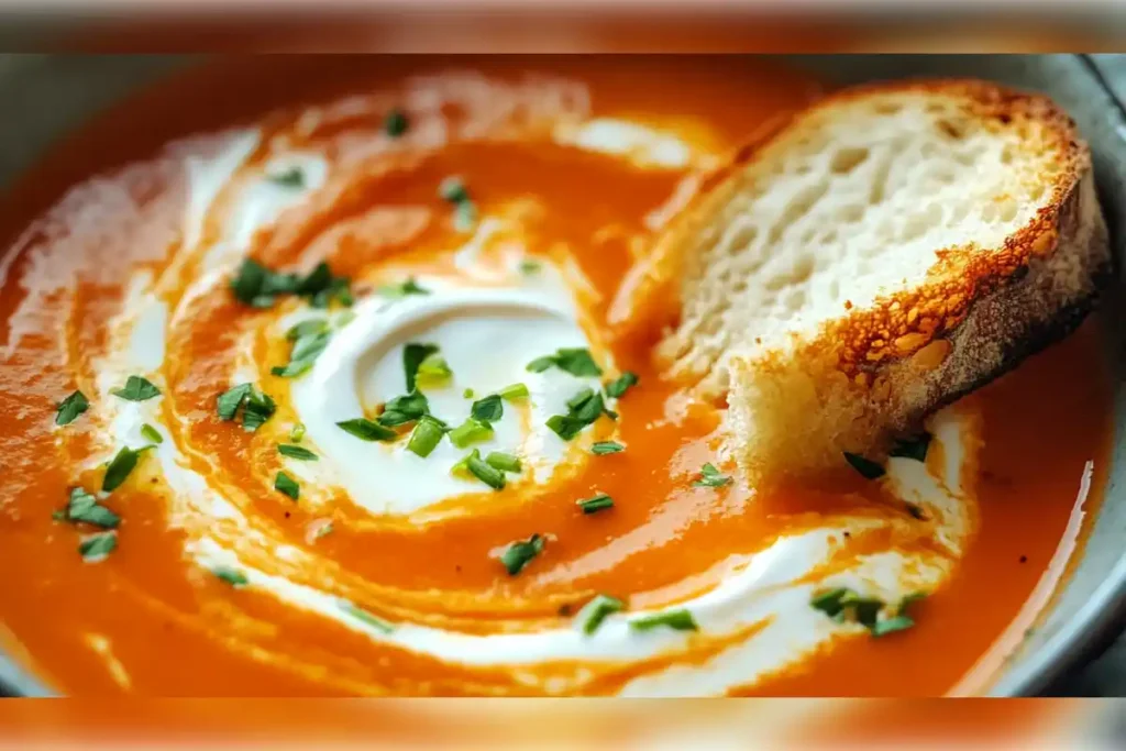 Rich and creamy tomato bisque with a swirl of cream, garnished with fresh herbs and served with a crispy slice of French bread – the perfect comforting meal.