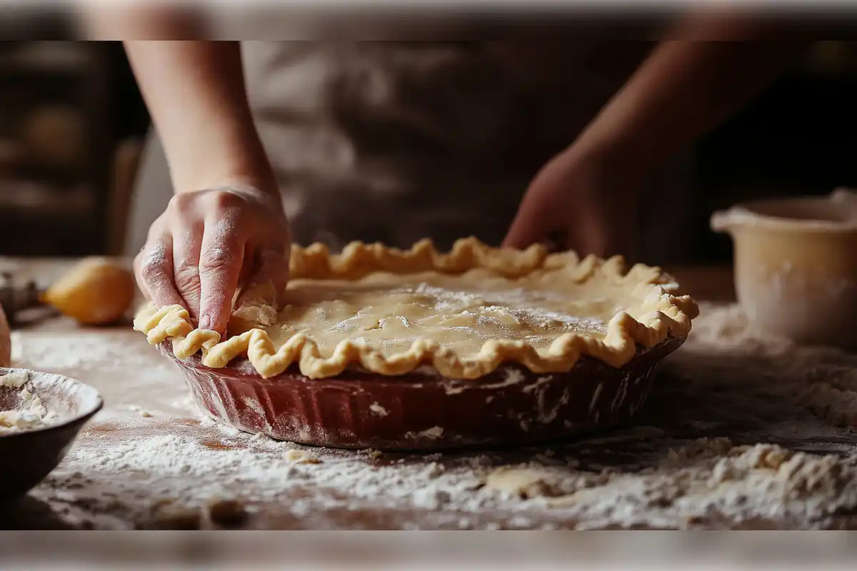 Hands crimping the edges of a homemade pie crust in a red pie dish, illustrating the process of making a flaky and tender pie crust from scratch, with flour dusted across the surface.