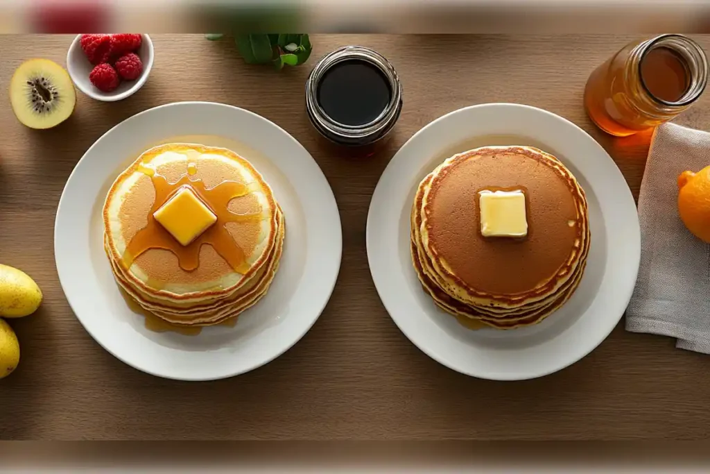 Two plates with stacks of pancakes and hotcakes, topped with butter and syrup, surrounded by fresh fruits and syrup jars, showcasing the visual difference between pancakes and hotcakes.