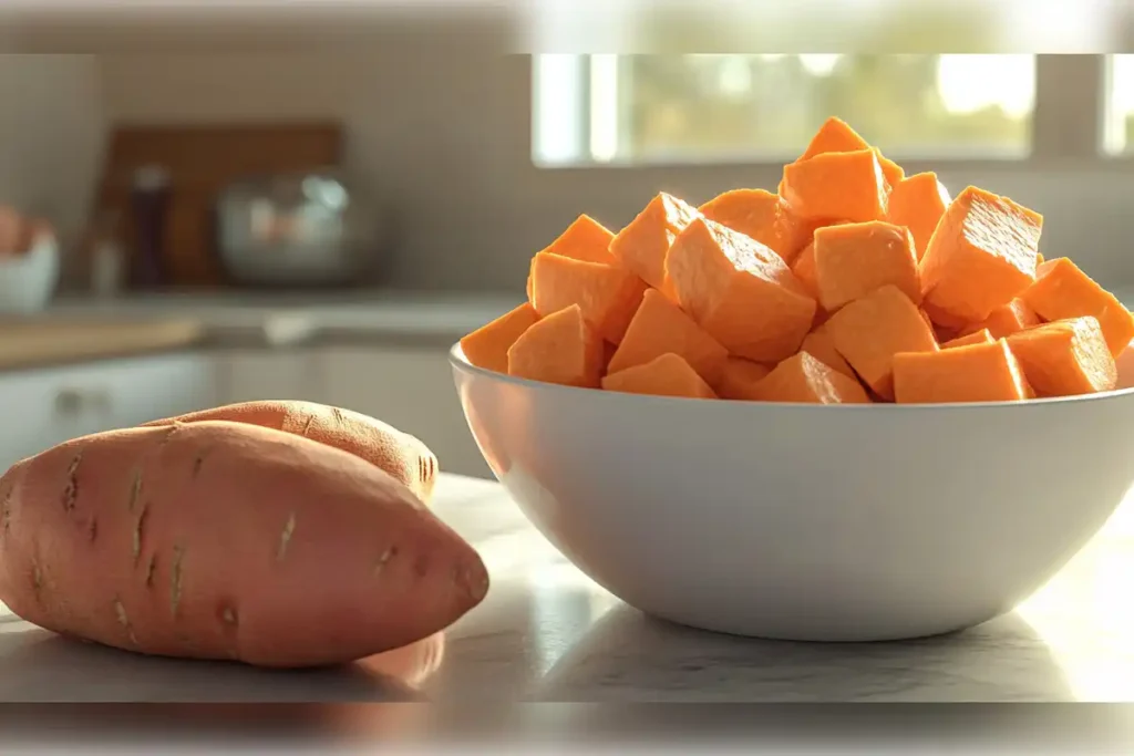 Cubed sweet potatoes in a bowl ready for cooking, illustrating why sweet potatoes can become watery during the cooking process.