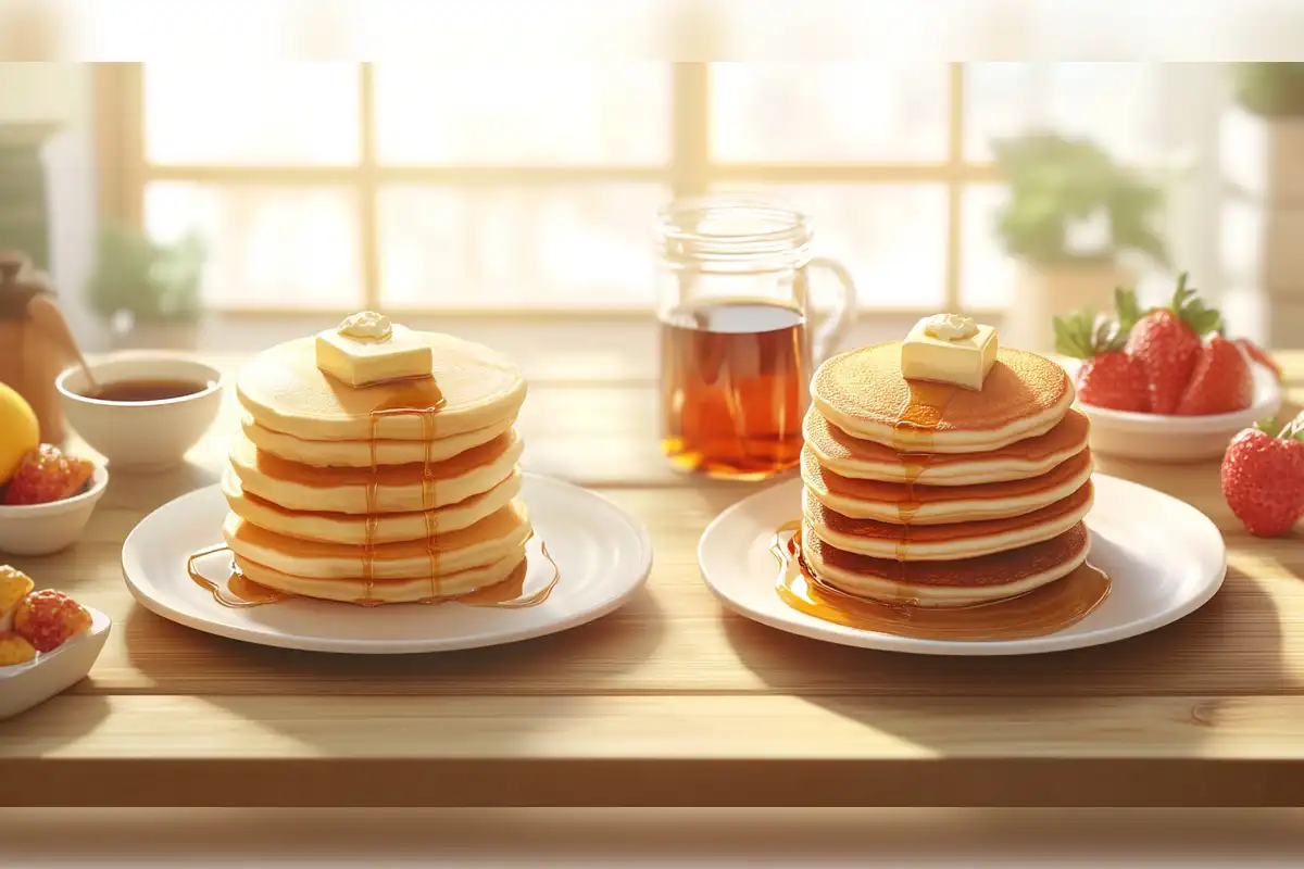 Why are they called flapjacks? Two stacks of fluffy pancakes with butter and syrup, often referred to as flapjacks in the US, served with strawberries and maple syrup.