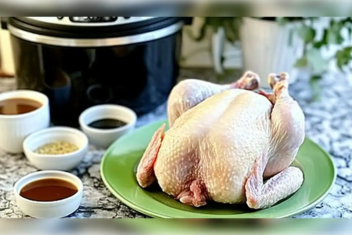 Whole raw chicken with seasonings prepared for slow cooking next to a crockpot, perfect for tender slow-cooked recipes