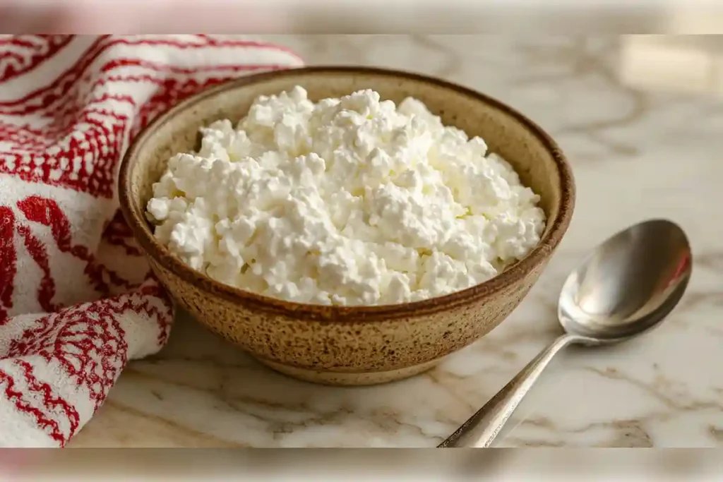 Bowl of fresh cottage cheese on a marble countertop with a spoon beside it, highlighting the creamy texture and versatility of cottage cheese in various meals.