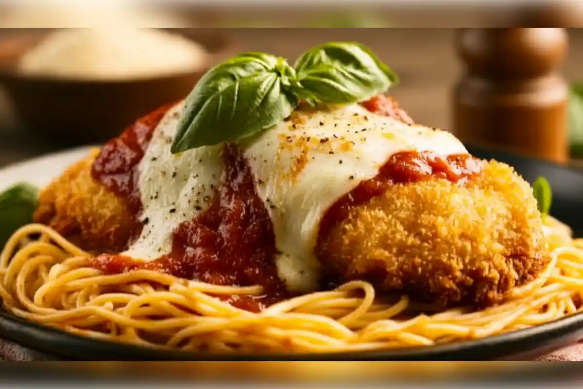 Delicious plate of Chicken Parmesan topped with melted mozzarella cheese, served over spaghetti and garnished with fresh basil.