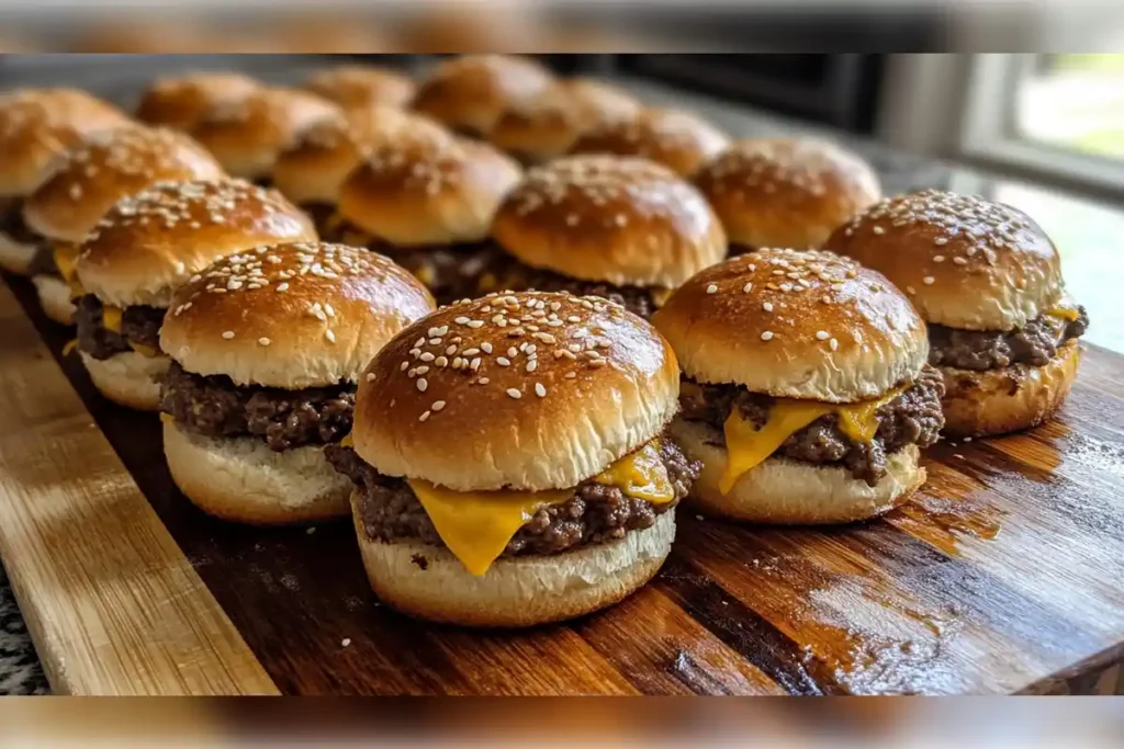 Cheeseburger sliders with melted cheese on sesame seed Hawaiian rolls, arranged on a wooden board.