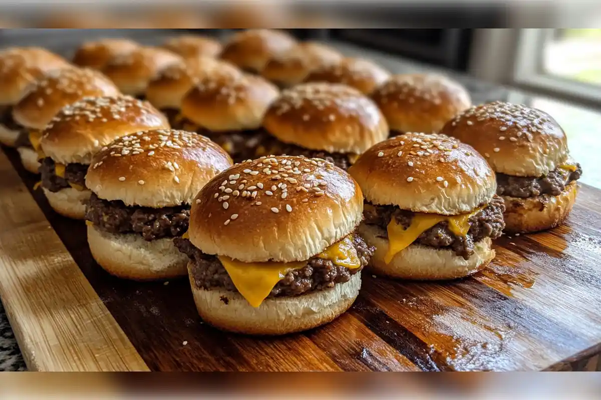 Cheeseburger sliders with melted cheese on sesame seed Hawaiian rolls, arranged on a wooden board.