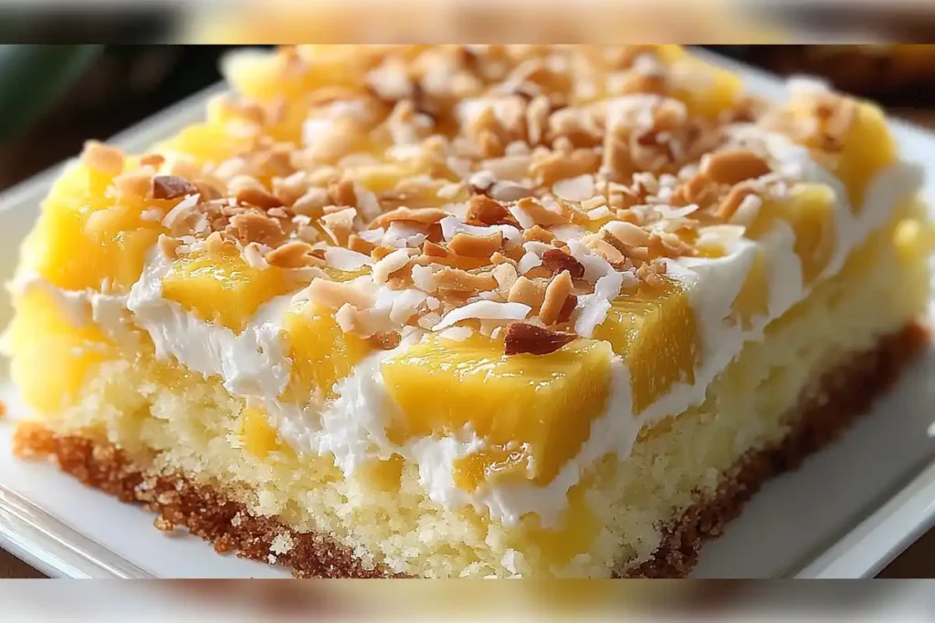 A moist and fluffy pineapple cake topped with whipped cream, pineapple chunks, and toasted coconut flakes, perfect for a tropical dessert experience.