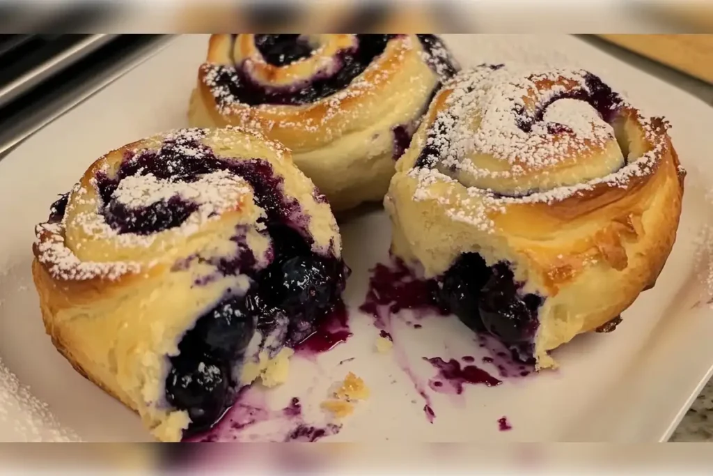 Freshly baked blueberry cheesecake rolls dusted with powdered sugar, showcasing a golden-brown crust and juicy blueberry filling.