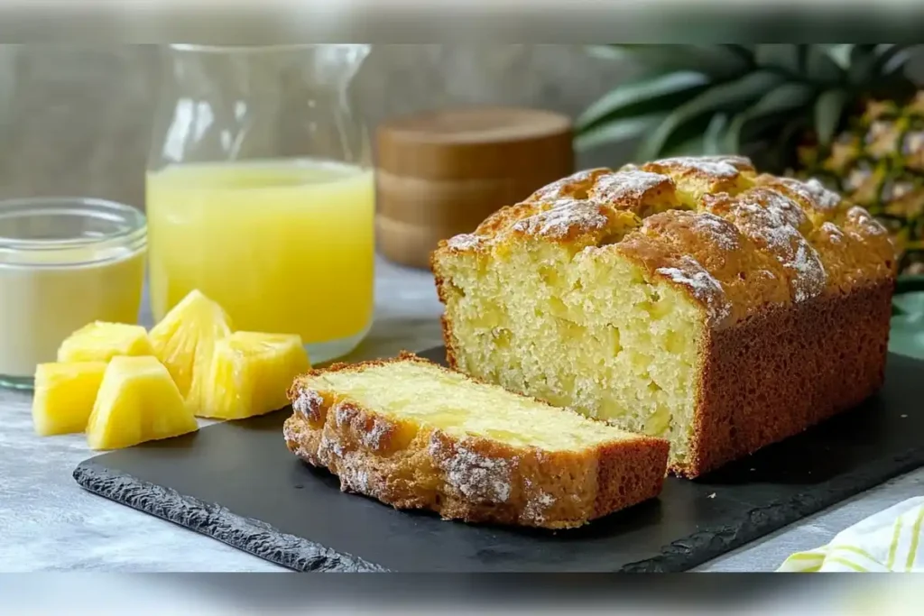 Moist homemade pineapple cake made with fresh pineapple juice, displayed with fresh pineapple slices and a glass of juice, highlighting the tropical flavor in a delicious dessert.