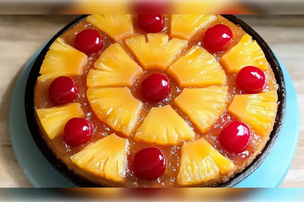 Pineapple upside down cake with caramelized pineapple slices and maraschino cherries, arranged in a circular pattern, baked to a golden brown and served on a blue platter.