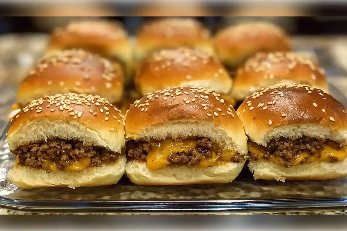 Cheeseburger sliders with melted cheese served on sesame seed buns, arranged on a tray, perfect for a party or family meal.