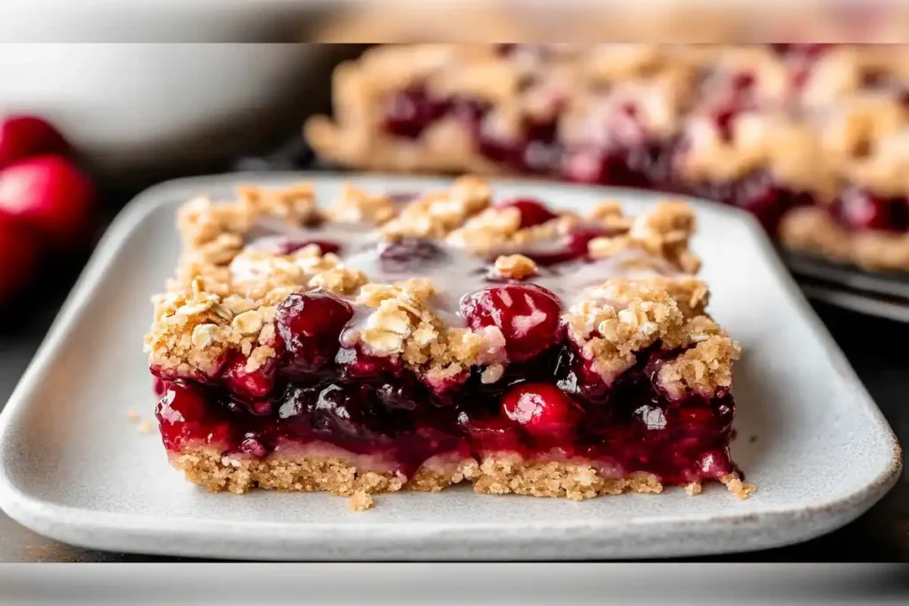 Close-up of delicious cherry pie bars with a golden crumb topping and juicy cherry filling on a plate, perfect for serving at gatherings or as a sweet treat.