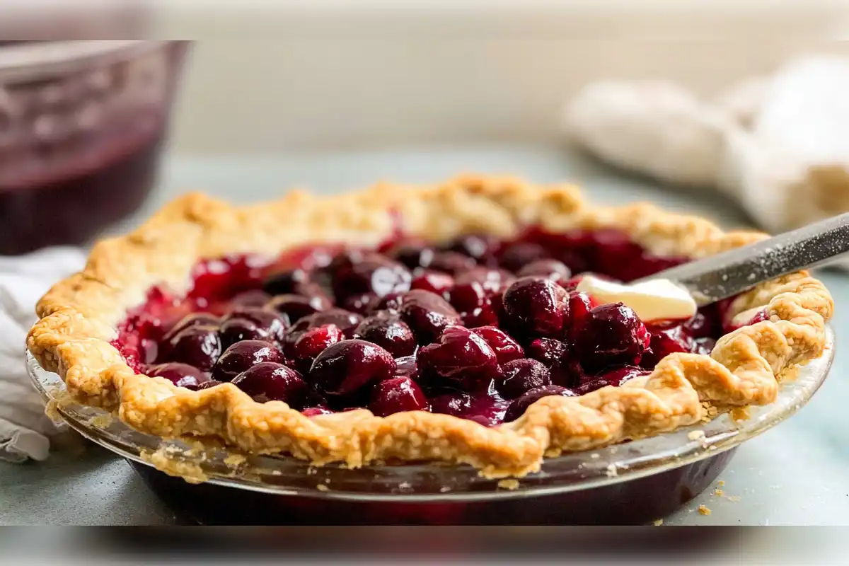 Close-up of a homemade cherry pie with a golden, flaky crust and juicy cherry filling. The pie is set in a glass pie dish with vibrant cherries glistening on top, highlighting its delicious texture and perfect bake. Ideal image for articles on how to keep cherry pies from falling apart.