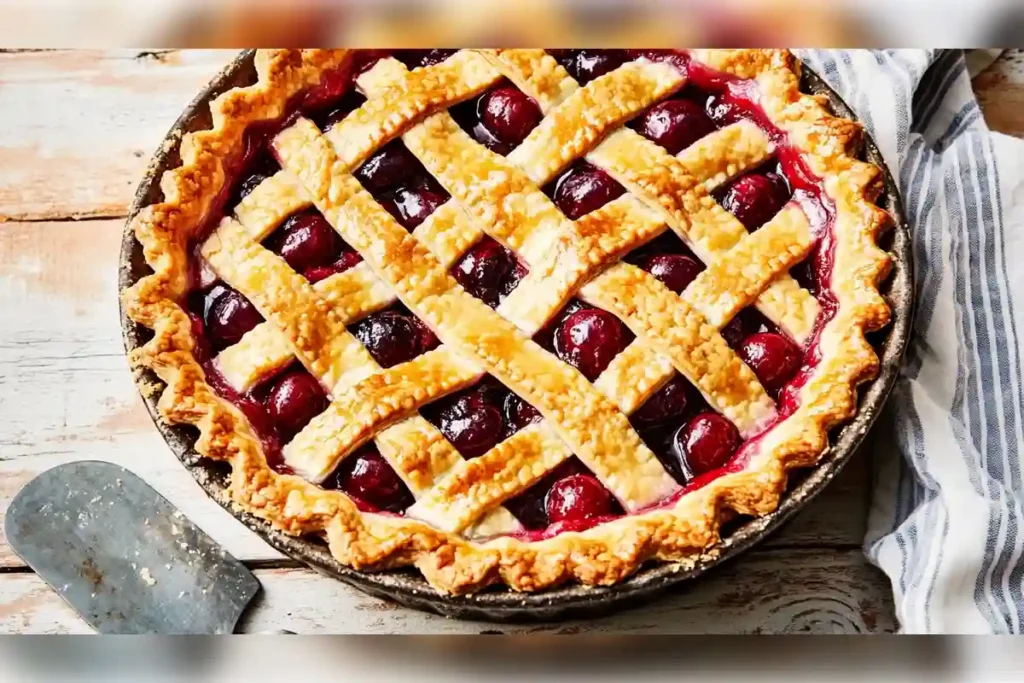 Freshly baked cherry pie with a golden lattice crust, perfectly set filling, and fluted edges on a rustic wooden table, showing how to make a cherry pie not runny.