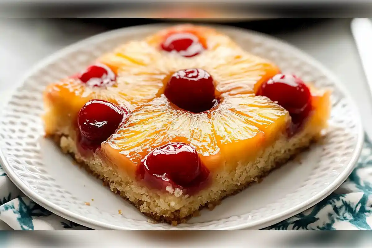 Close-up of a delicious slice of pineapple upside-down cake topped with caramelized pineapple rings and maraschino cherries, showcasing a moist, golden cake base perfect for serving warm or cold